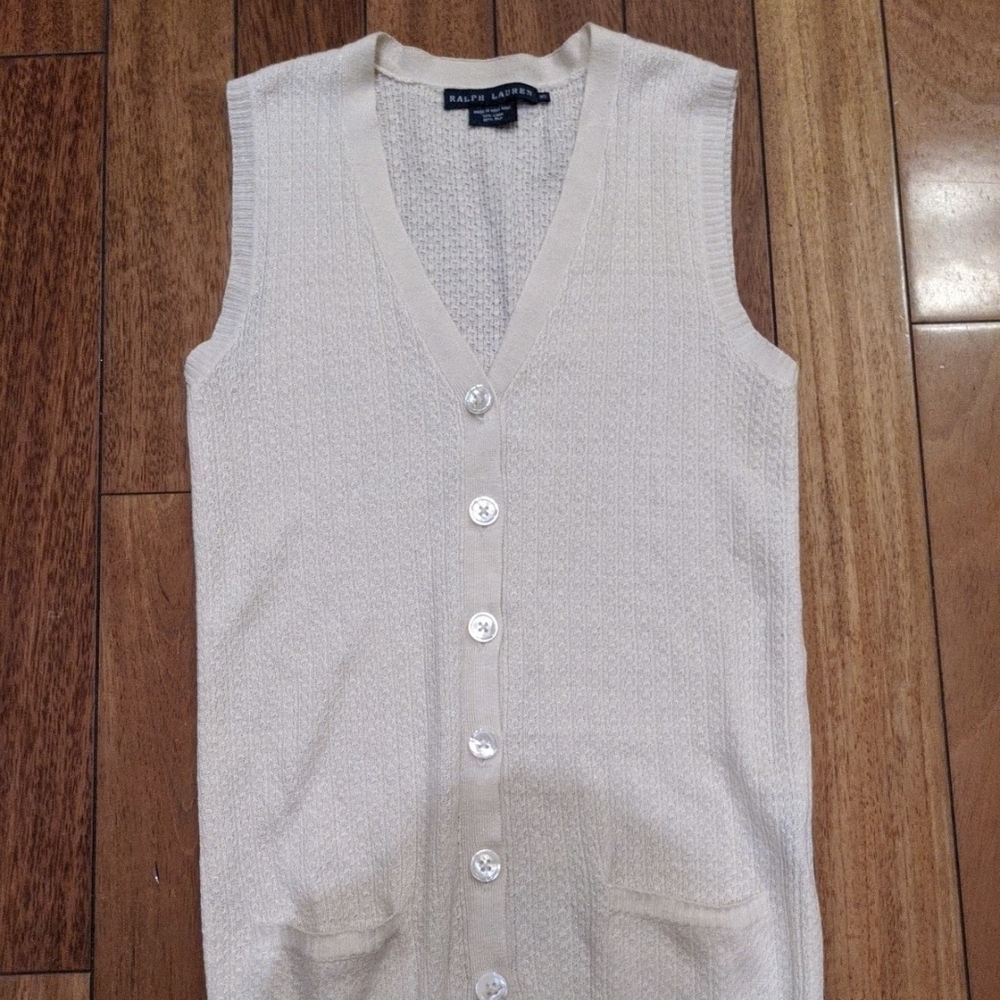 Ralph Lauren 70% Linen 30% Silk Knit Vest Women XS Sleeveless Cardigan Ivory